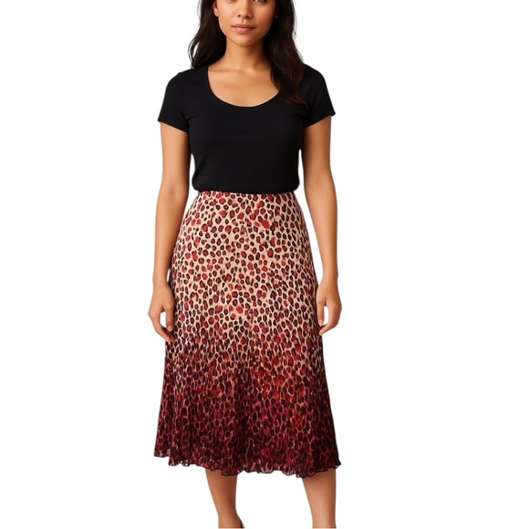 RAFAEL Red Cream pebbled Midi long Skirt Petite Pleated bottom flow unique Sz PM - Picture 1 of 14